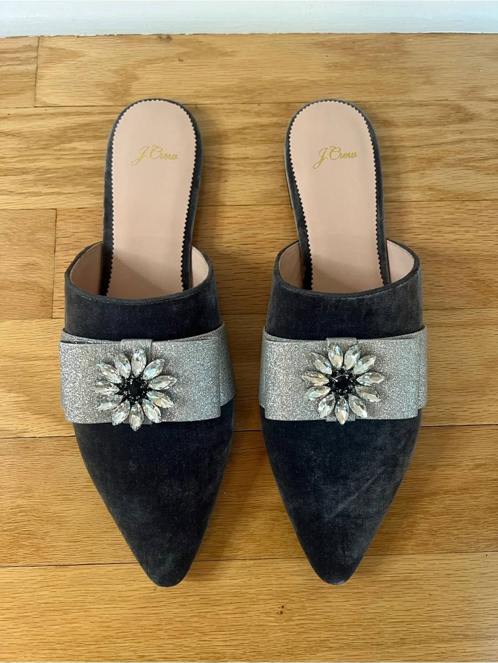 NWOT J.Crew Marina Velvet Jeweled Bow Mule Slides in Grey